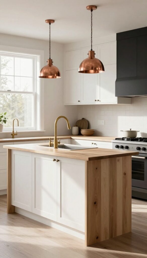 Barndominium kitchen with mixed metal finishes including brass faucet, black hardware, and copper pendant lights