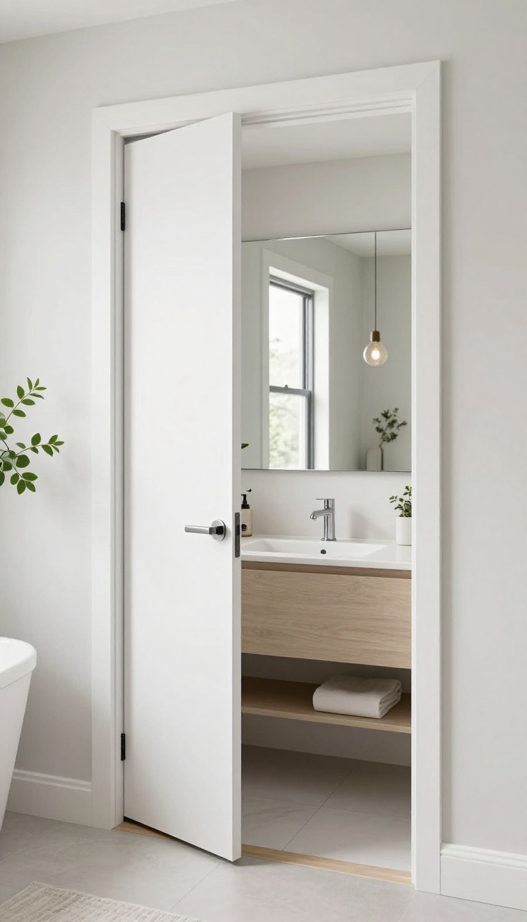 Modern guest bathroom with a pocket door saving space, bright and airy design