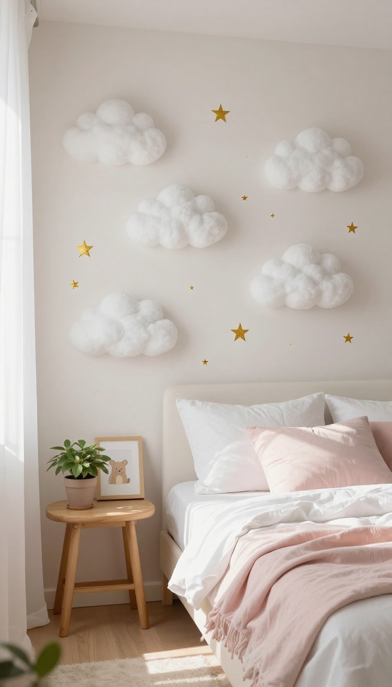 Small bedroom with whimsical cloud and star wall decals above a bed, framed animal print on bedside table, soft pastel decor, bright natural light