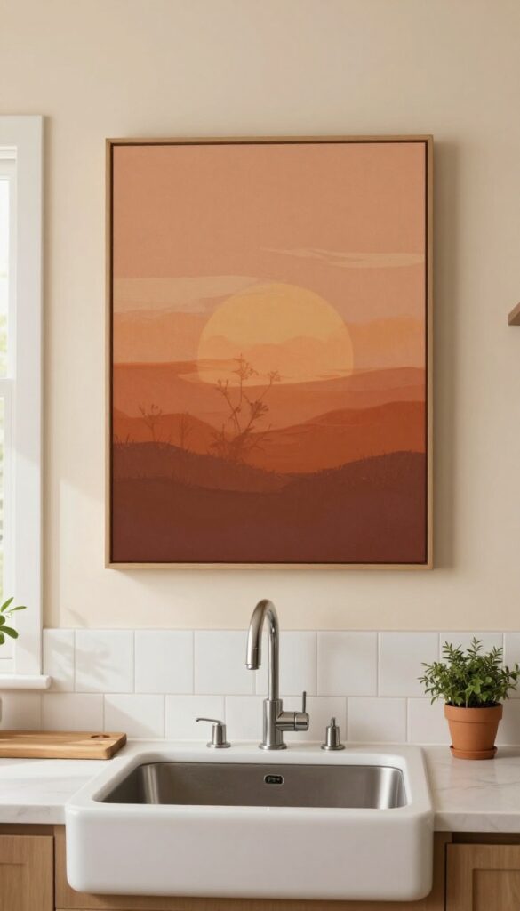 Single large warm-toned art piece above kitchen sink, minimal decor, bright natural light