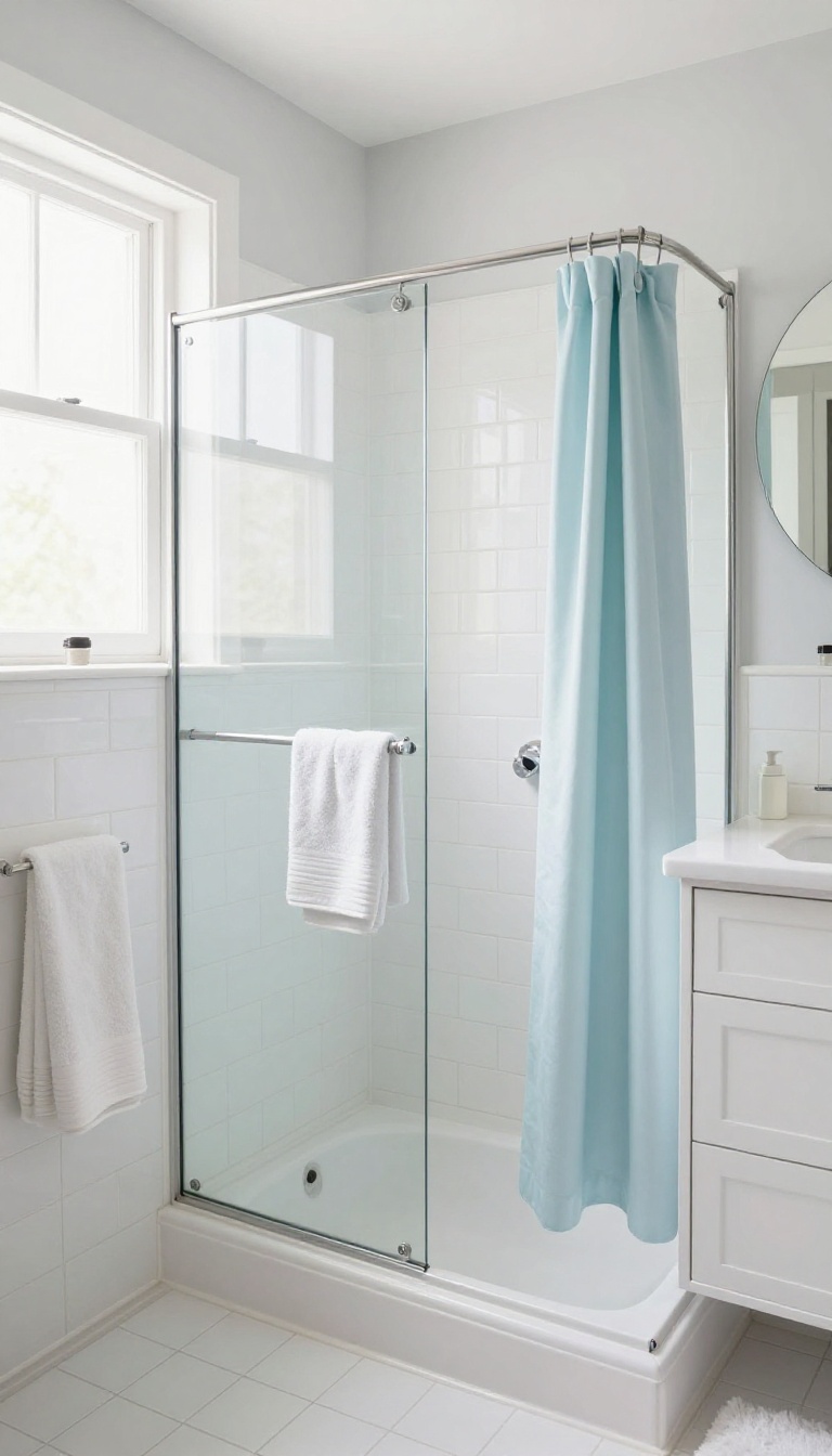 Bright small bathroom with shower over bath, light colors, and large mirror reflecting natural light
