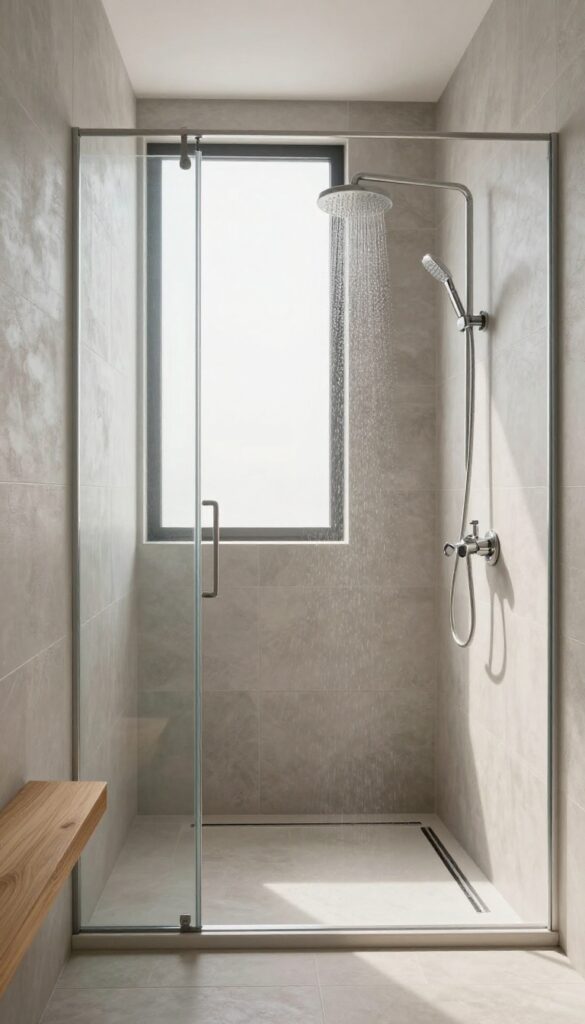 Doorless walk-in shower with rainfall showerhead and linear drain in a bright, modern bathroom
