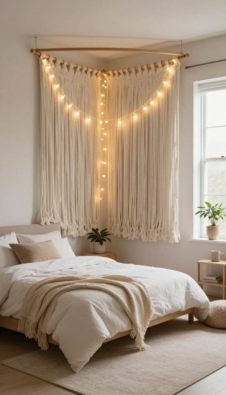 Small cozy bedroom with a tapestry headboard and fairy lights.