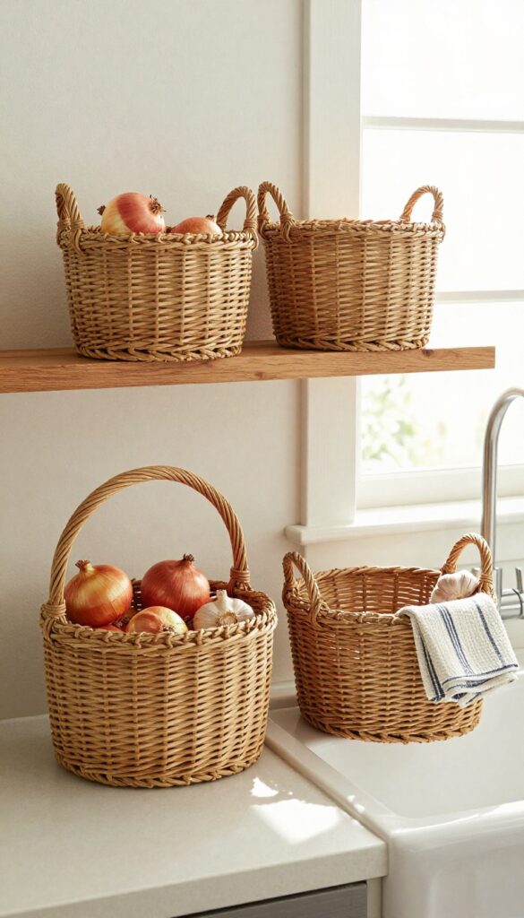 Woven baskets hanging above a kitchen sink, holding produce and towels, adding warm storage.