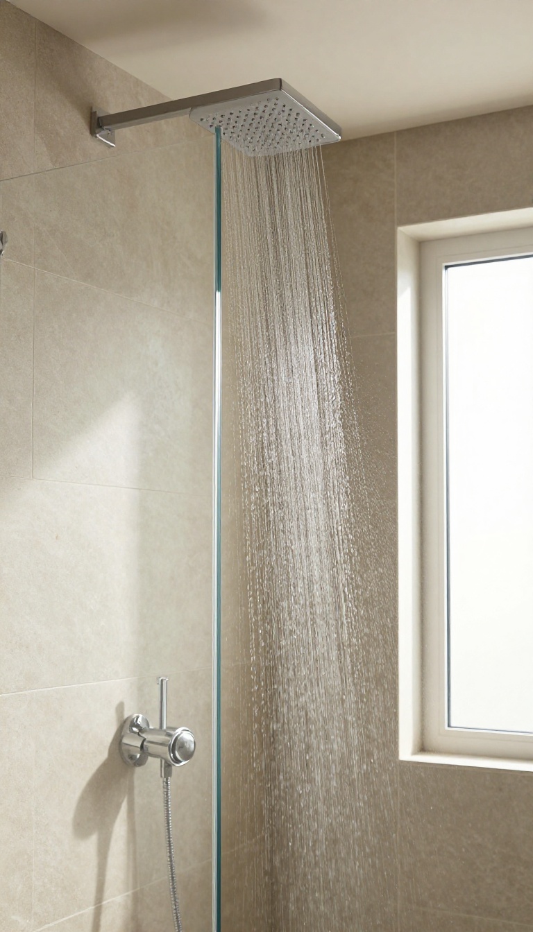 Rain shower head in a frameless glass enclosure with natural stone tiles, creating a spa-like atmosphere.