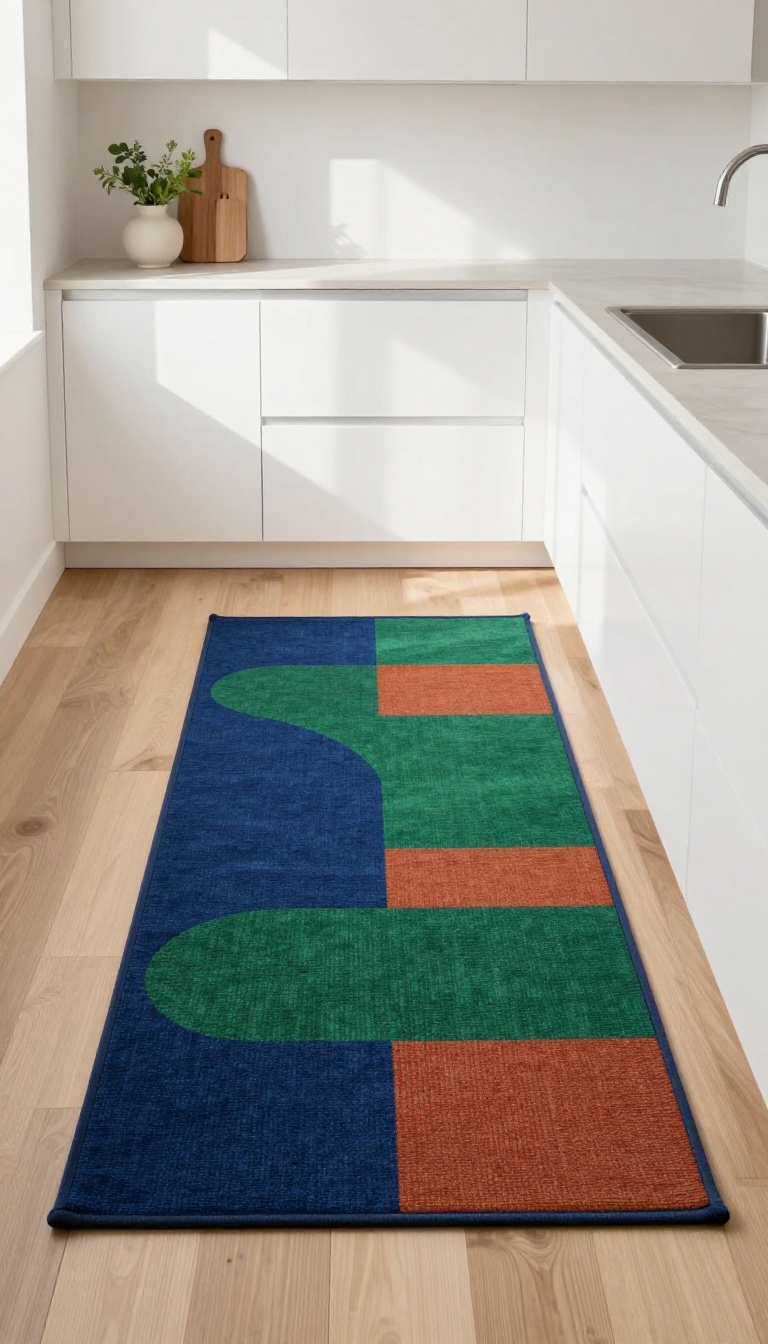 Bold geometric pattern runner rug in a bright modern kitchen with white cabinets and natural light