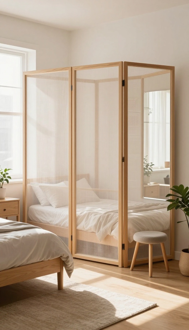 Small bedroom for couples with a room divider creating separate sleeping and dressing zones