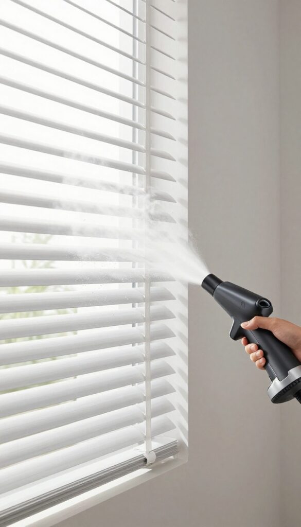 Person using a handheld steam cleaner to sanitize vertical blinds in a bright living room