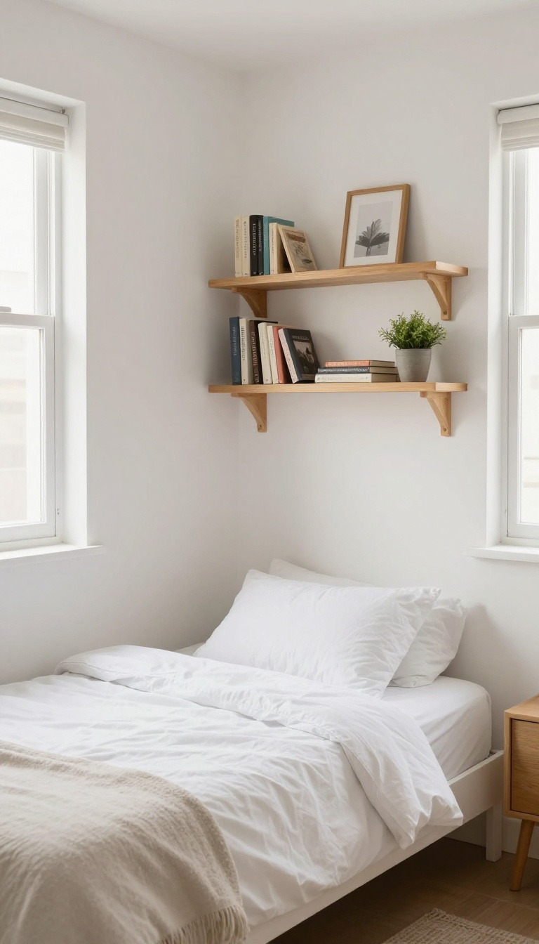 Floating shelves above a bed in a small bedroom, displaying books and a plant, with bright natural light