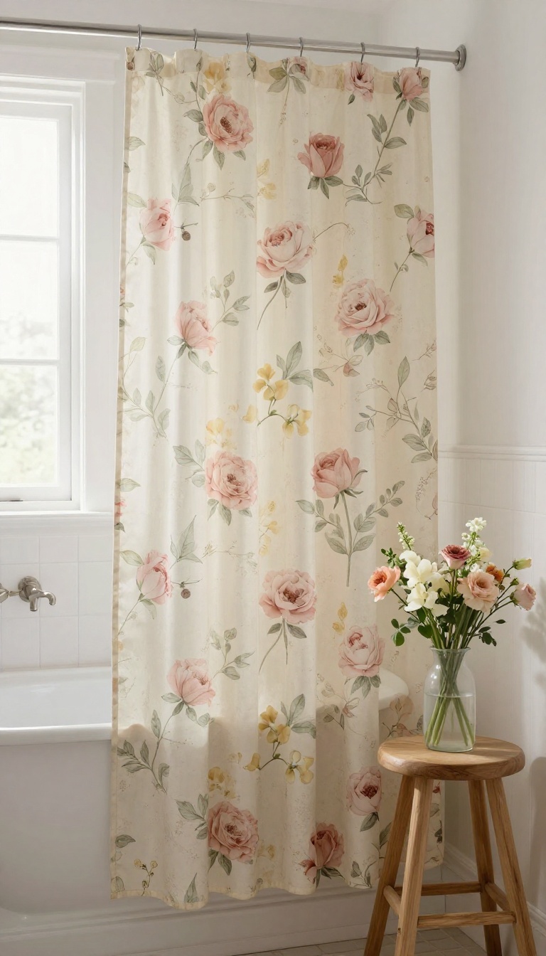 Vintage bathroom with faded chintz shower curtain in dusty pink and sage green, natural wood accents, soft warm light.