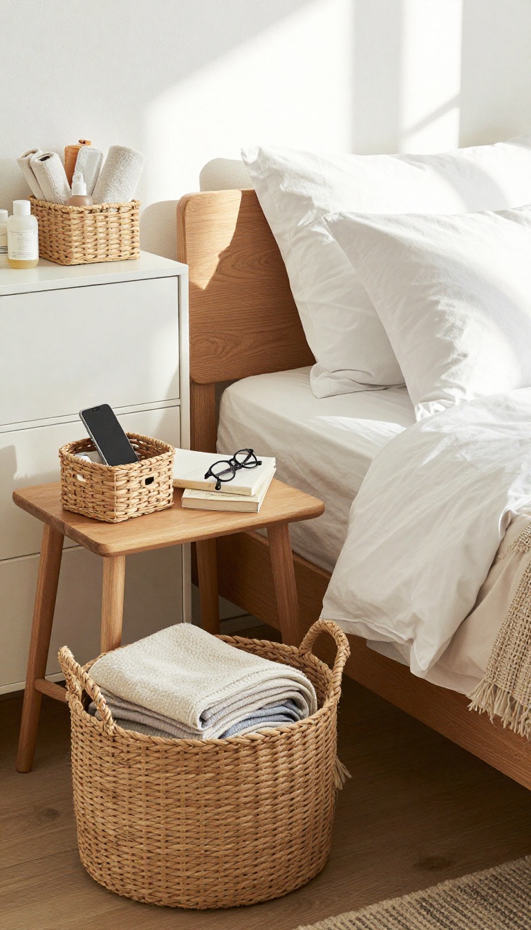 Small guest bedroom with woven baskets and bins keeping surfaces clutter-free.