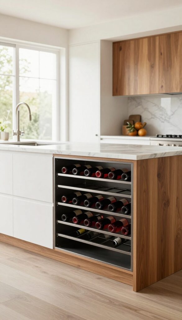 Modern kitchen island with a built-in metal wine rack on the back panel, holding wine bottles, in a bright, elegant kitchen.
