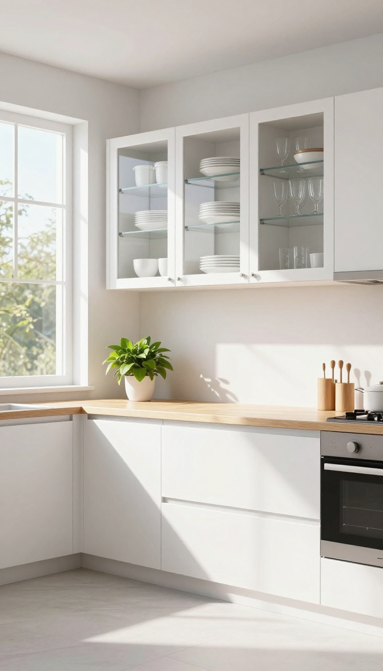 Kitchen with glass-front upper cabinets showing neatly arranged dishware