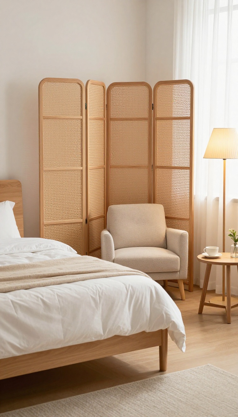 Small couple bedroom with a room divider creating a private seating nook