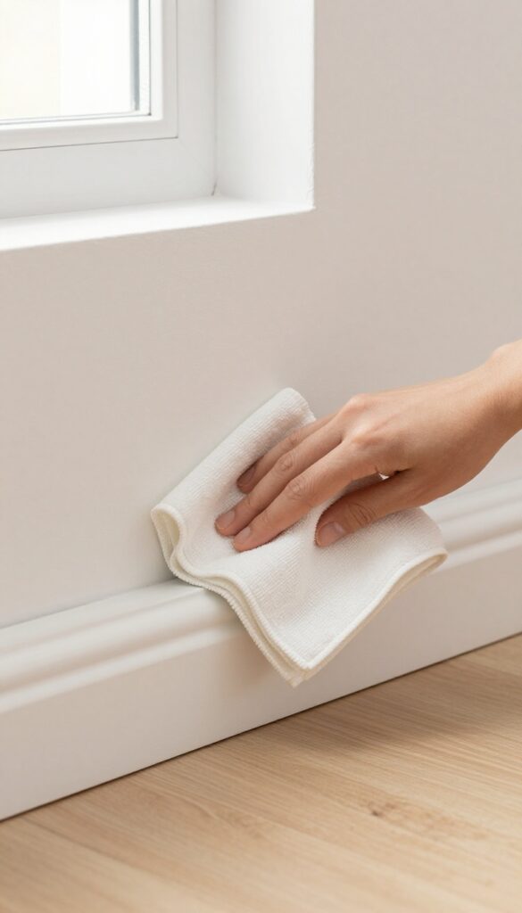 Person dusting a white baseboard with a dry microfiber cloth in a bright room