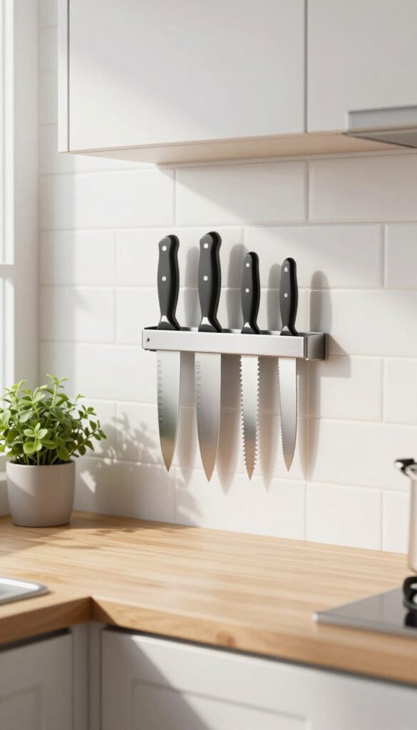A magnetic knife strip mounted on a white subway tile backsplash, holding several knives above a clean countertop with a cutting board and herb plant.