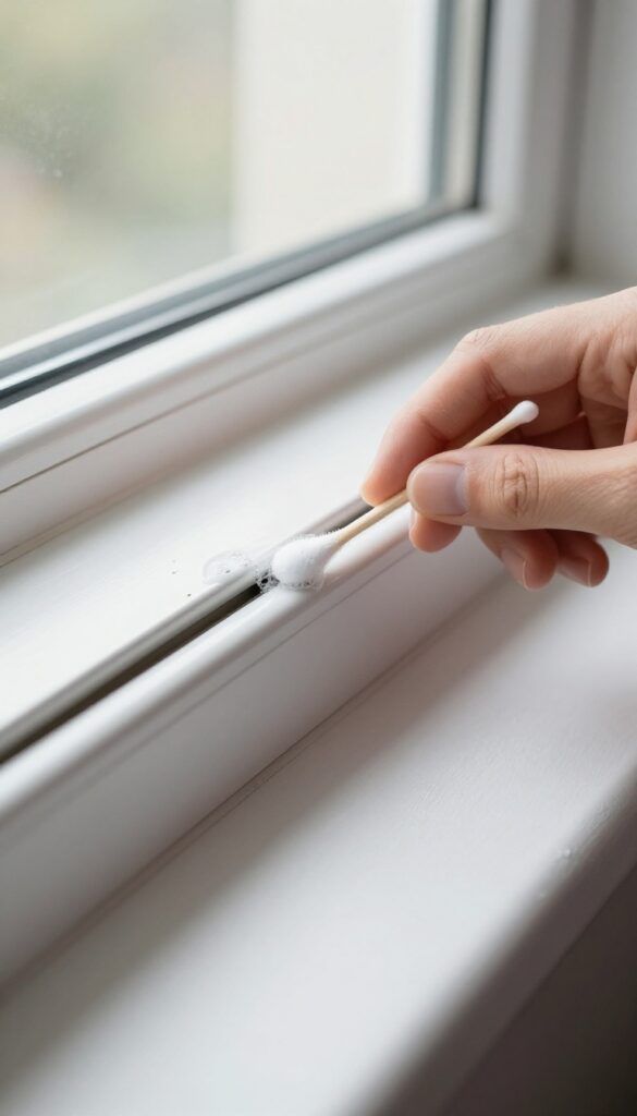 Close-up of a cotton swab cleaning a narrow window track gap, with natural light and a clean background.