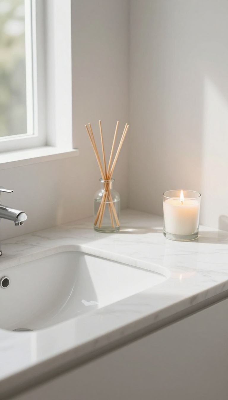 A guest bathroom counter with a reed diffuser and a lit scented candle, creating a calming spa-like atmosphere.