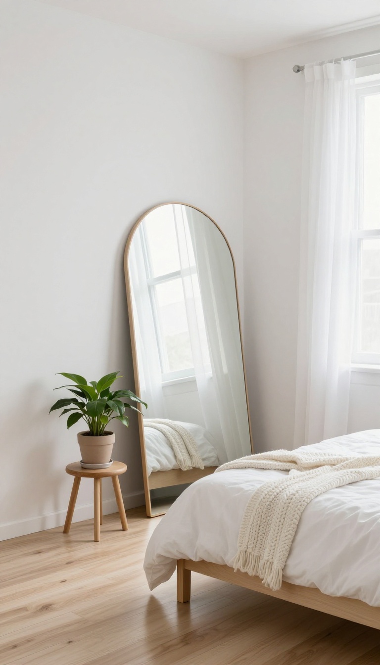 Large round mirror in a bedroom corner reflecting light from a window, making the small room feel bigger and brighter.