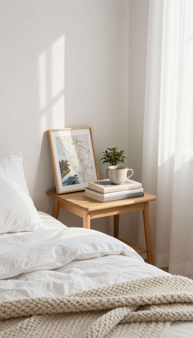 A cozy guest bedroom reading corner with a stack of books on a nightstand and soft natural light.