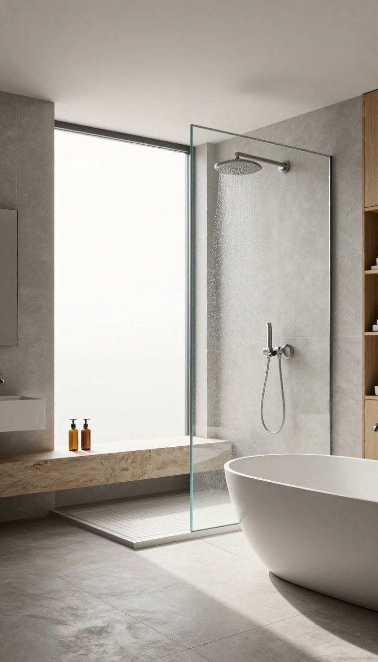 A luxurious wet room bathroom with a glass partition, rainfall shower, and freestanding tub in a bright, minimalist space.