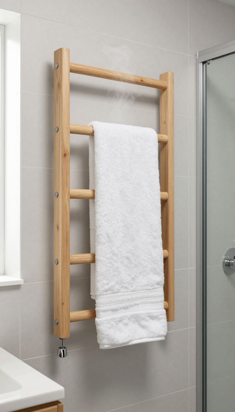 Modern guest bathroom with a heated towel rack holding a warm, fluffy white towel near a walk-in shower