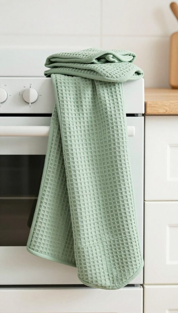 Coordinating sage green kitchen towels and oven mitts hanging on an oven handle in a bright, clean kitchen.