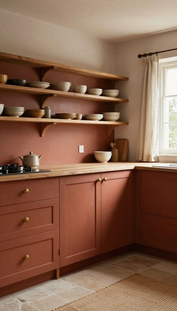 Terracotta painted kitchen cabinets paired with wooden countertops and stone floor for earthy warmth