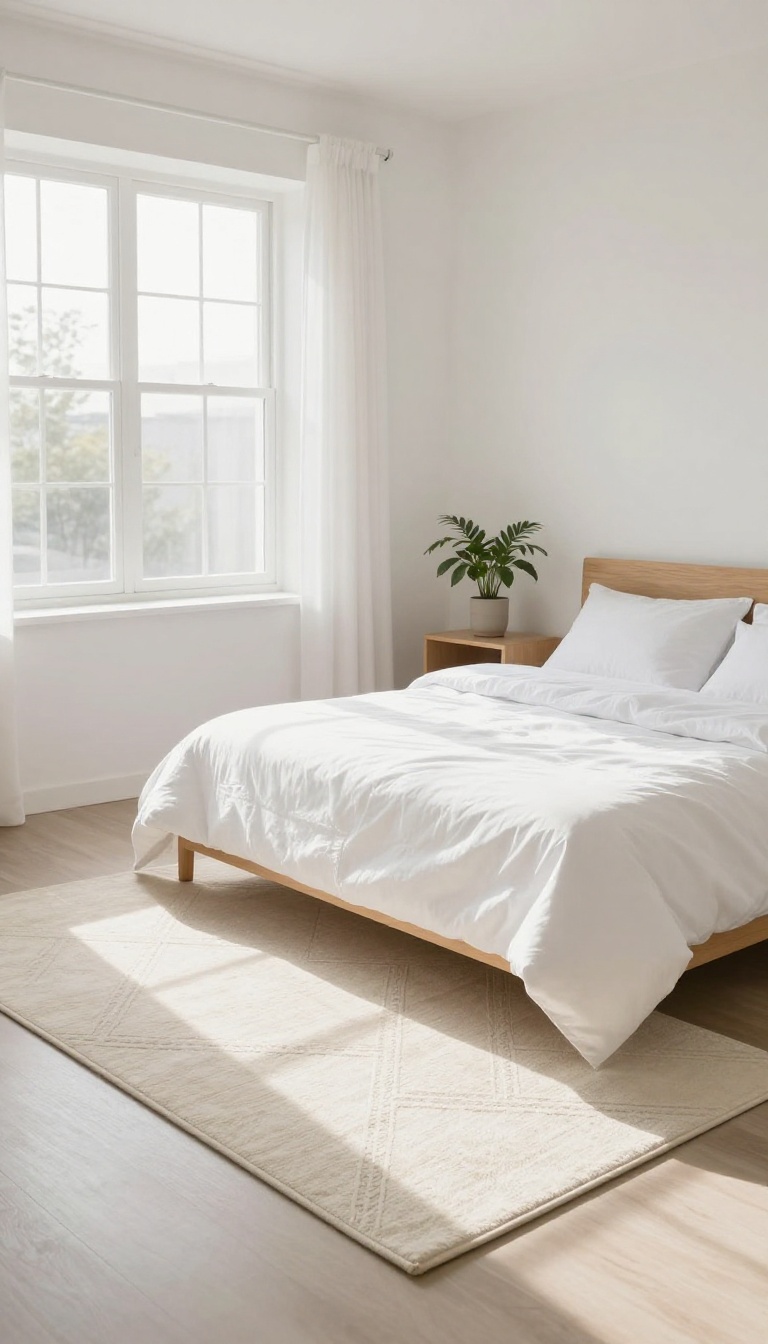 Small guest bedroom with a large light-colored area rug extending beyond the bed, creating an illusion of space.