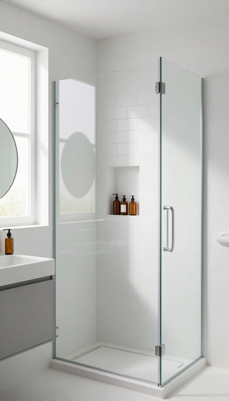 Small bathroom with a recessed shower niche storing bottles neatly, showcasing built-in storage without clutter.