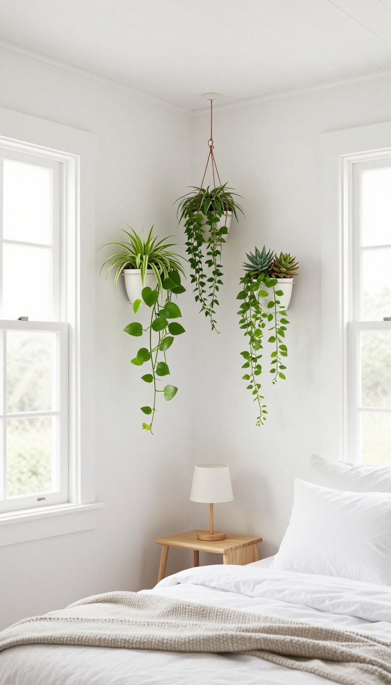 Small guest bedroom with hanging and wall-mounted plants, bright natural light, and a cozy, open feel.