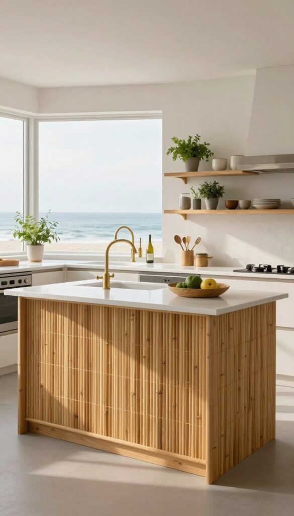 Kitchen island with bamboo back panel in bright coastal style