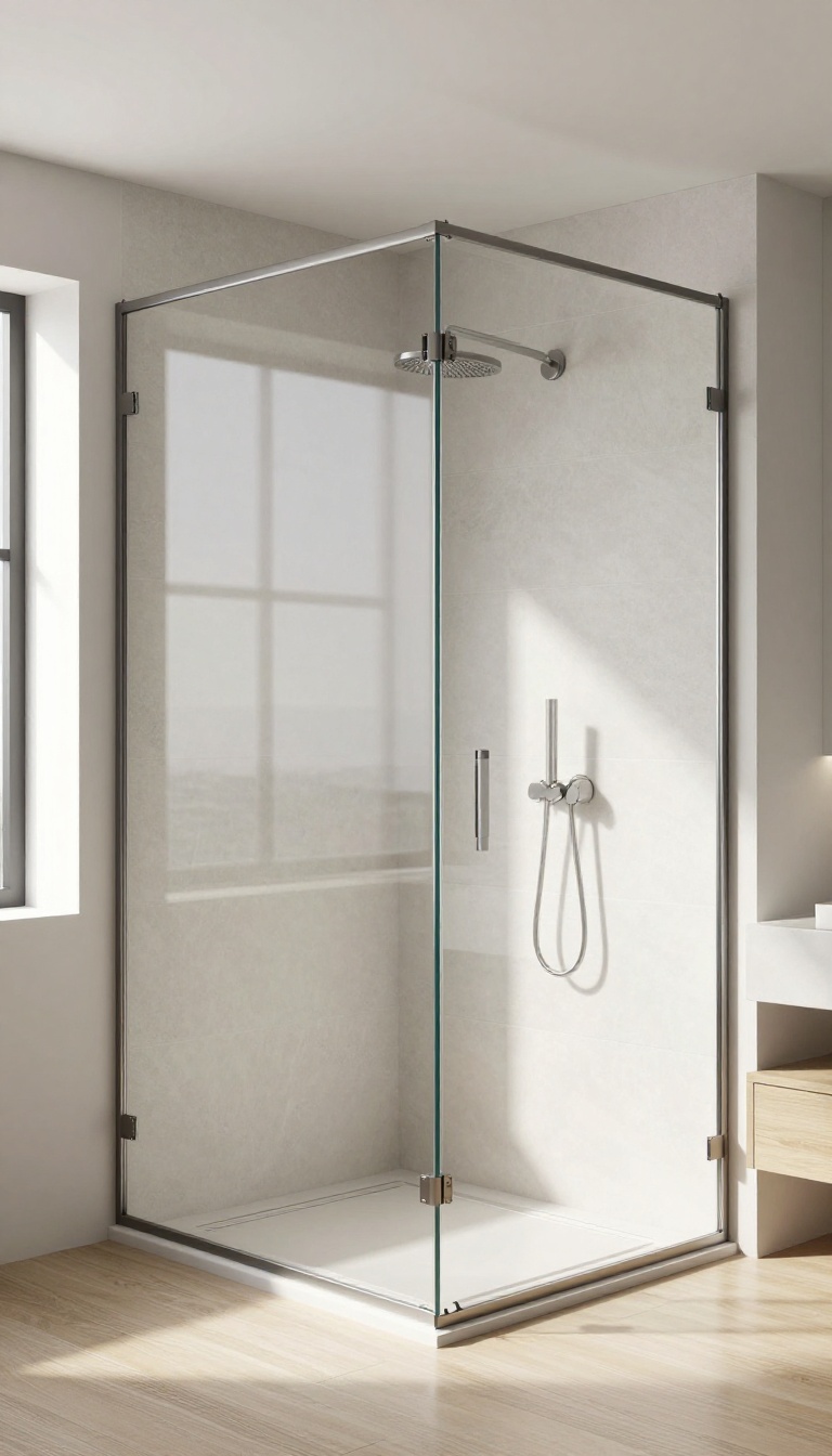 Minimalist sliding shower screen with thin profiles in a bright, airy bathroom