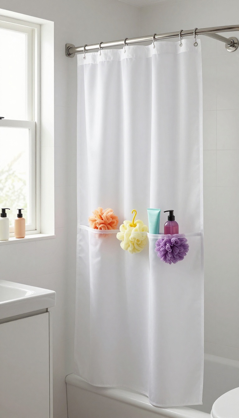 Small bathroom with a shower curtain that has a side zipper pocket holding a loofah and shampoo bottle, demonstrating clutter-free organization.