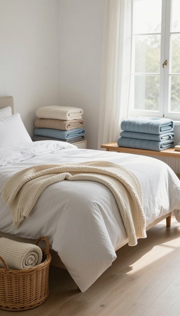 Cozy guest bedroom with layered bedding, a folded chunky knit throw at the foot of the bed, and extra blankets stored in a basket and on a bench.