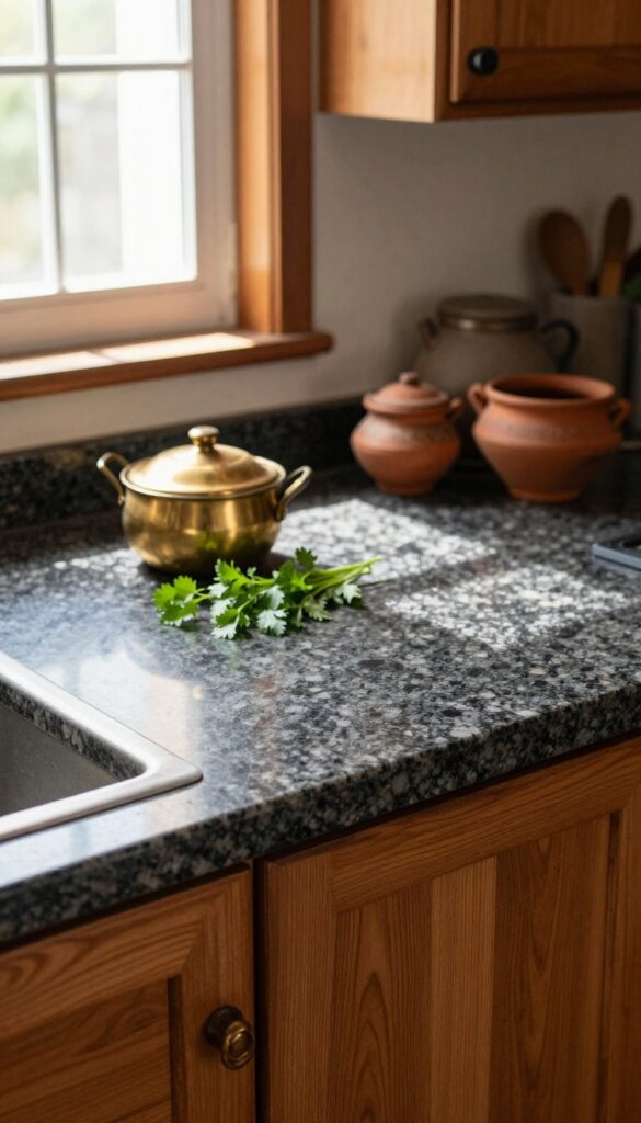 Traditional Indian kitchen with granite countertop and wooden cabinets