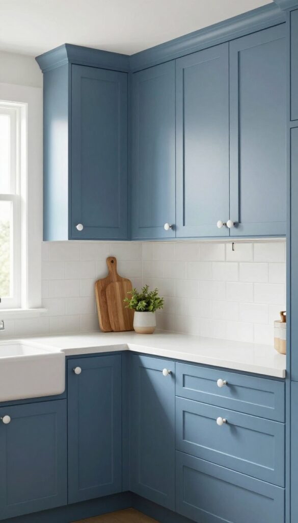 Chalky blue kitchen cabinets with vintage ceramic knobs and farmhouse sink in a cozy, well-lit kitchen.