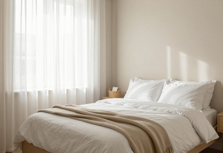 A cozy and inviting guest room with a neatly made bed, neutral decor, and a welcome basket.