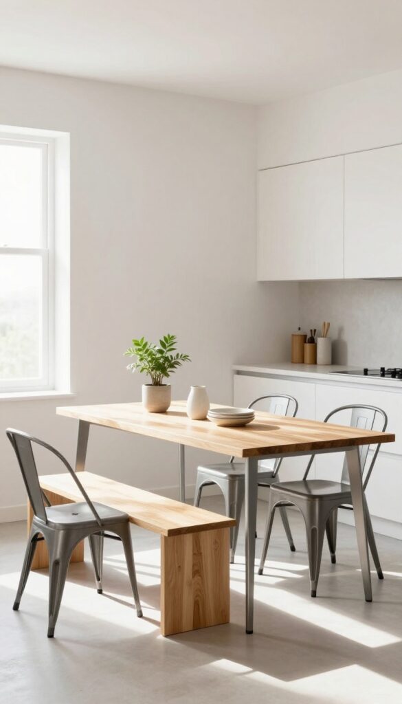 Slim-profile dining table and bench in a small modern kitchen