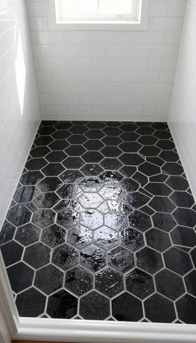 Black hexagon shower floor with white grout in a bright modern bathroom