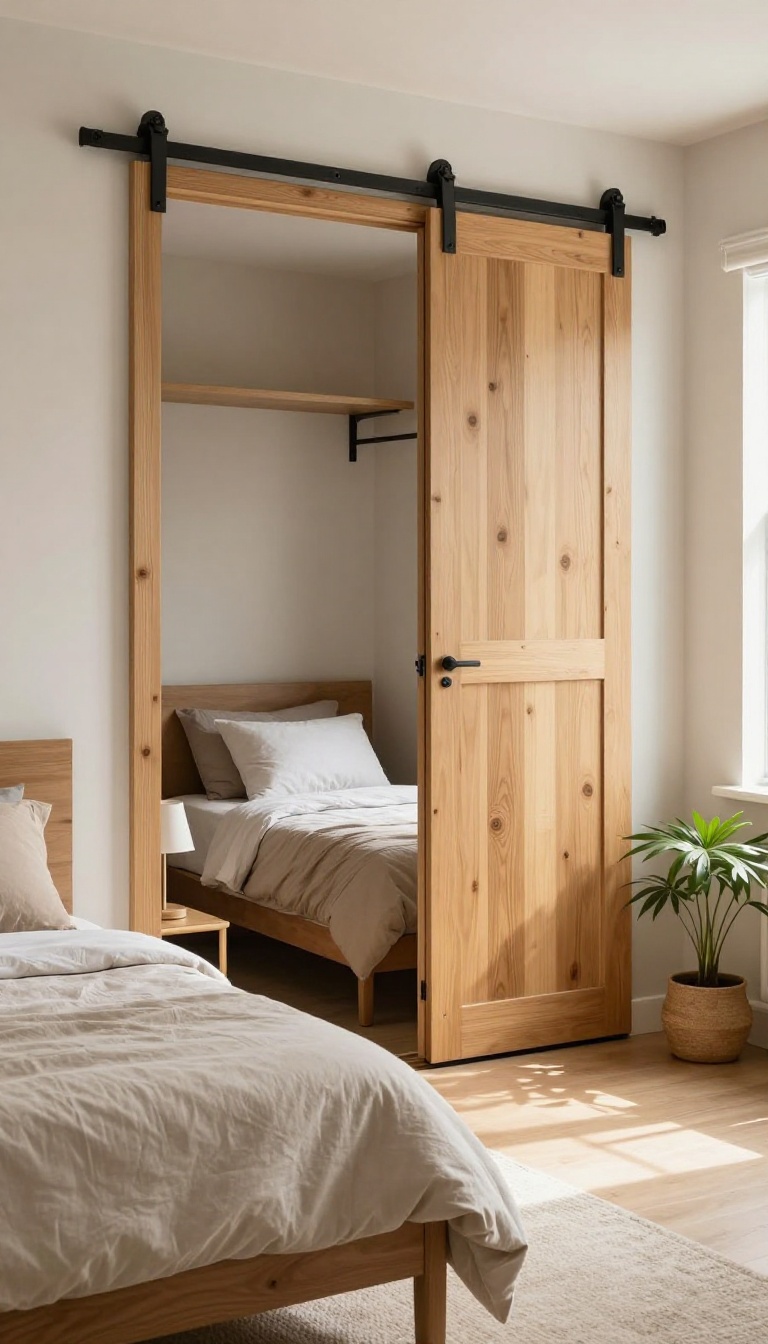 Small bedroom with a sliding barn door creating flexible separation, warm natural light, cozy decor