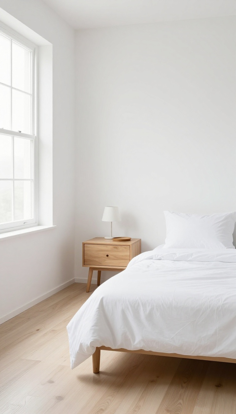 A minimalist guest room with a white bed, wooden nightstand, and empty floor, bathed in natural light.