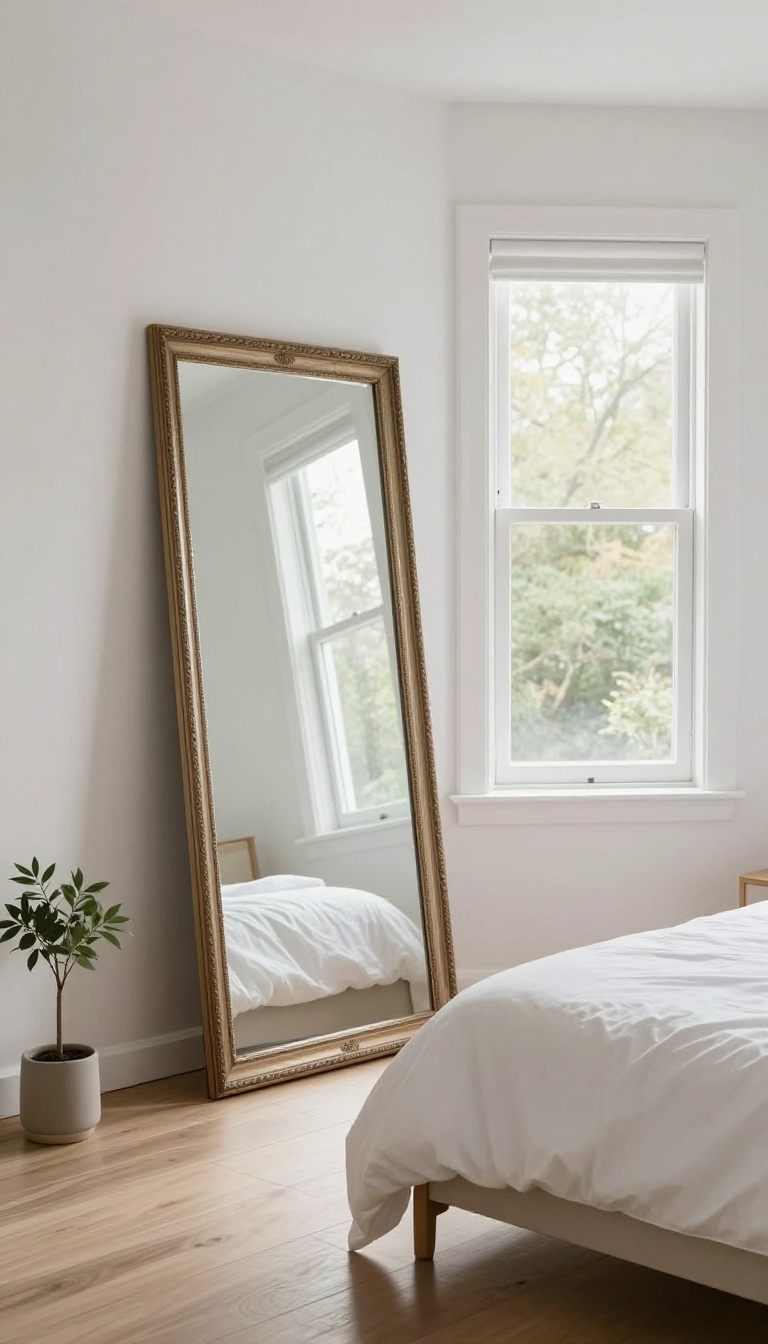 Small couple's bedroom with a large mirror reflecting natural light from the window, creating a brighter and more spacious feel