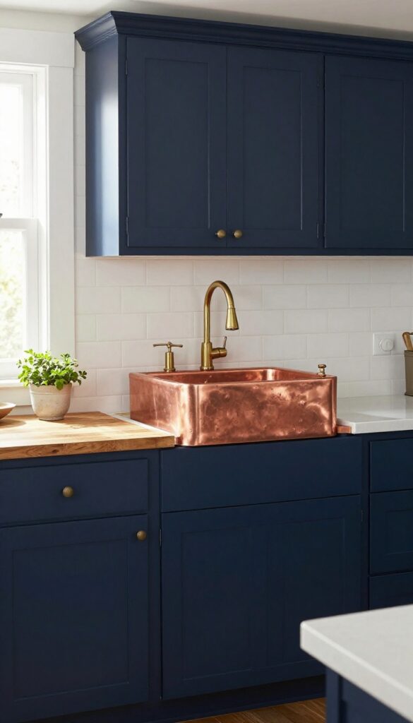 Copper farmhouse sink paired with dark cabinets and butcher block countertop