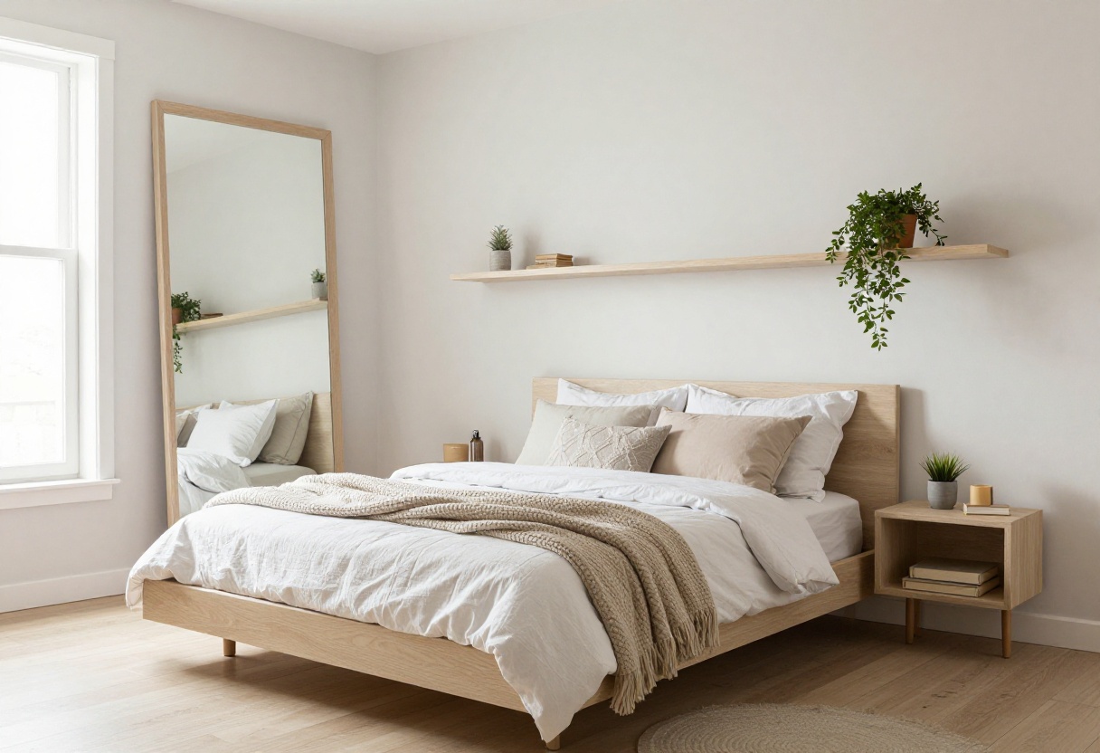 Small modern bedroom with smart storage and bright natural light