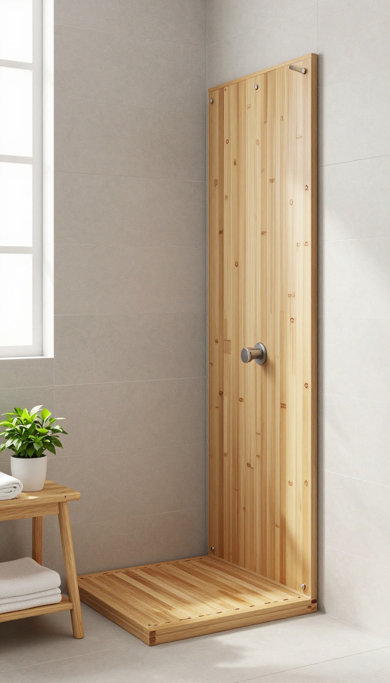 Bamboo shower seat in a bright, modern bathroom with natural light and a plant