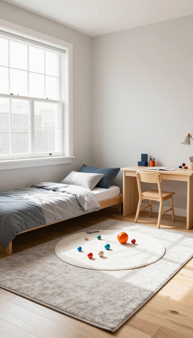 Small boys' bedroom with defined sleep, play, and study zones using rugs and furniture placement