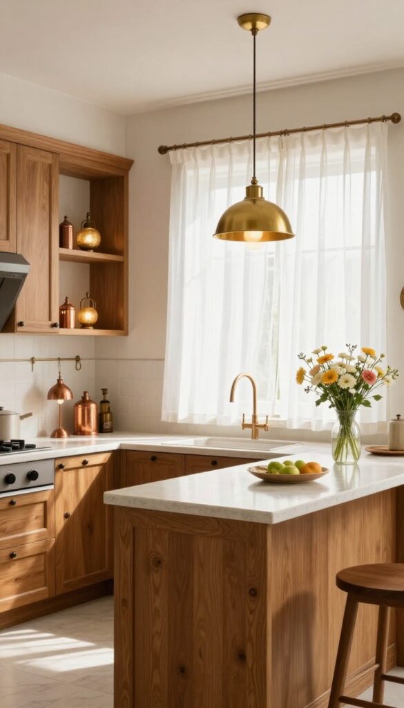 Bright traditional Indian kitchen with sheer curtains, brass pendant lamp, and warm natural light