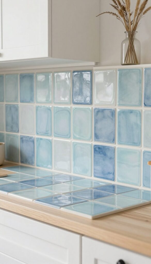 Coastal kitchen with handmade ceramic tile backsplash in soft blue shades, white cabinets, and natural wood accents.