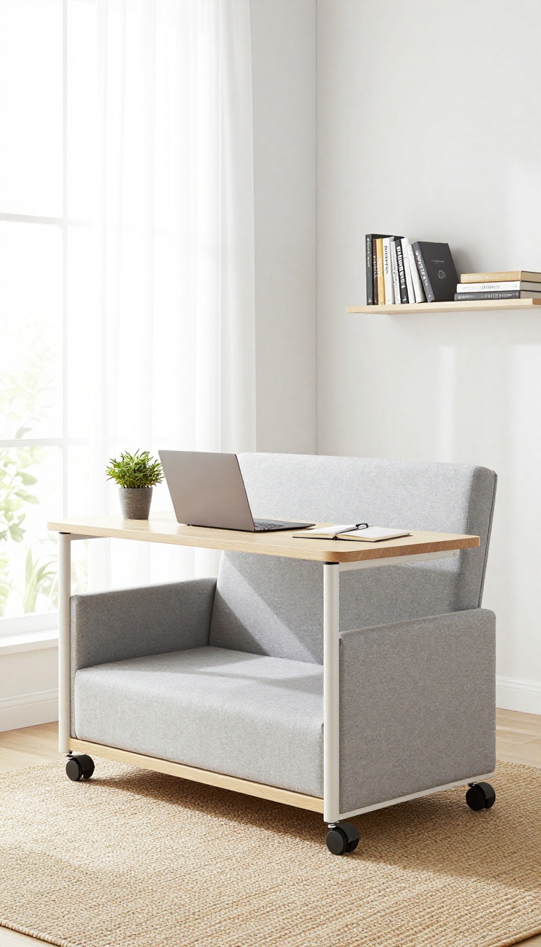 Small home office guest room with a futon and a mobile desk cart tucked underneath, showcasing a flexible layout.